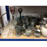 Sundry items, including glassware, pewter, ceramics, flatware, etc (one shelf)