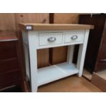 Contemporary painted and light oak hall table with two drawers and undertier