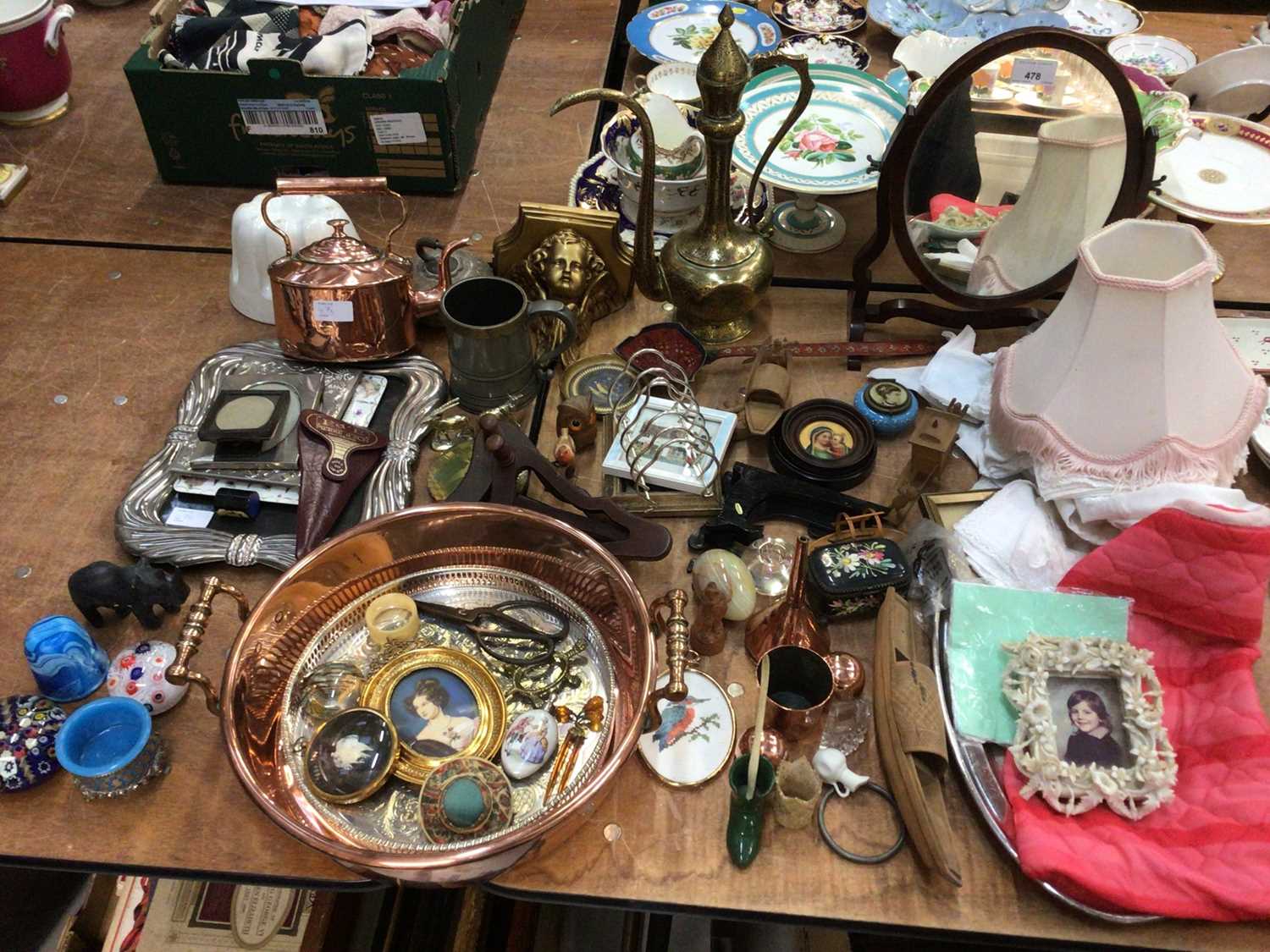 Sundry items, including Victorian copper, paperweights, photo frames, etc