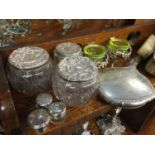 Silver topped vanity jars together with silver backed hand mirror and other items
