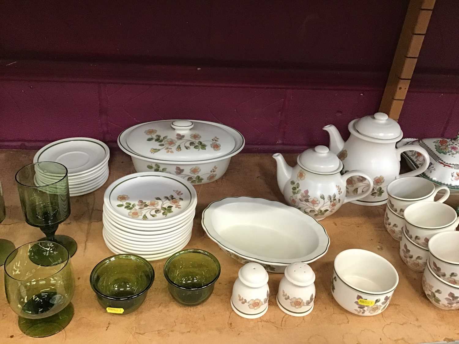 Two shelves of china and glass, including Coalport, Royal Worcester, Harvest Ware, etc