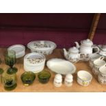 Two shelves of china and glass, including Coalport, Royal Worcester, Harvest Ware, etc