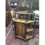 Victorian inlaid figured walnut veneered what-not/credenza