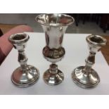 Silver chalice and pair silver candlesticks