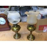 Two Victorian brass oil lamps with frosted glass shades (2)