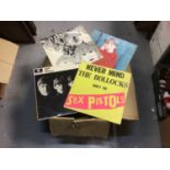 Box of approx 90 LP records and 12 inch singles, including Beatles, Pink Floyd, Sex Pistols, etc