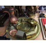 Islamic copper dallah/coffee pot with brass handle and other brassware