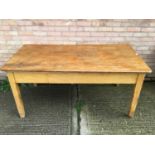 Antique elm topped kitchen table with painted base, 168cm x 85cm