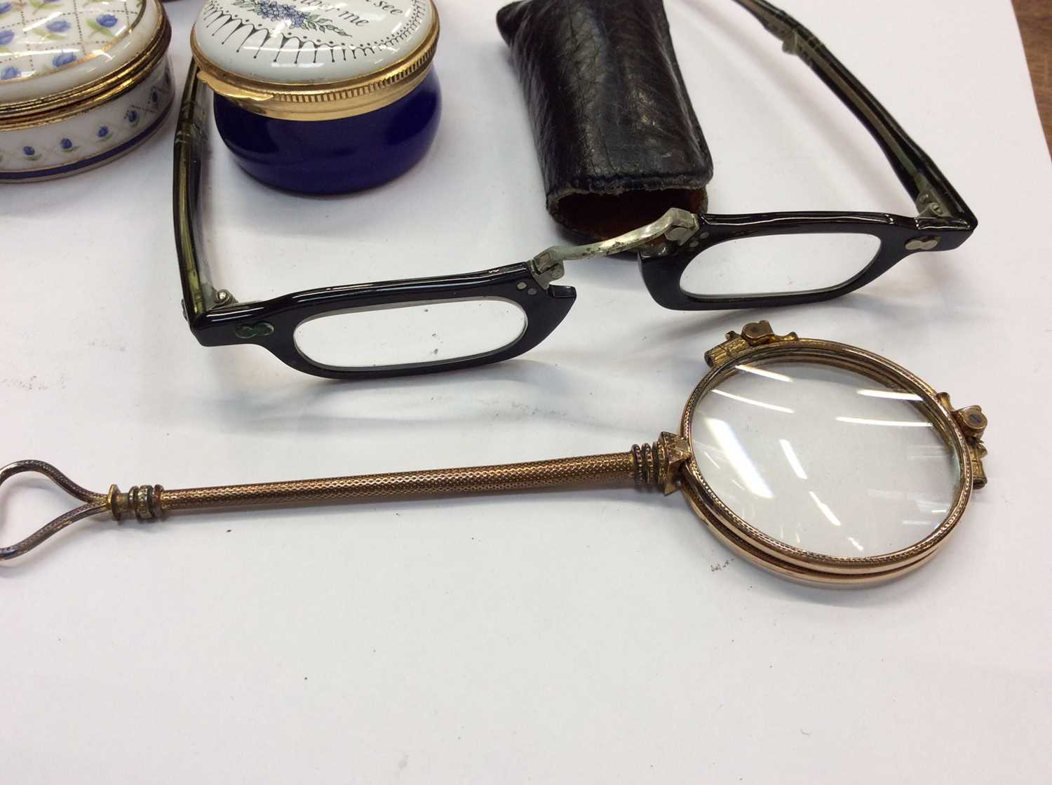 Group various trinket pots, pair lorgnettes, vintage fold up spectacles, enamelled fob watch, pair c - Image 2 of 6