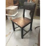 18th/19th century Gothic influence side chair with brass studded back cushion , chamfered oak suppor
