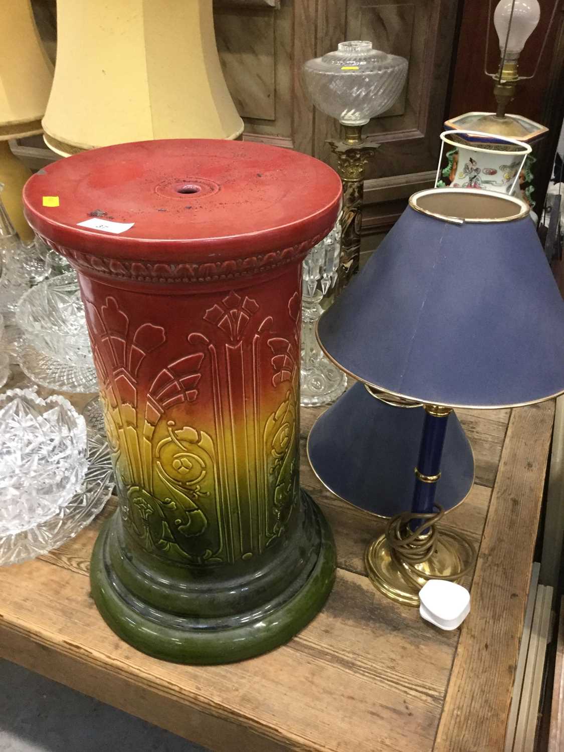 Chinese porcelain table lamp, together with an oil lamp, other lamps and a torchere