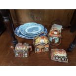 Five pieces of cottage ware plus selection of blue and white ashets