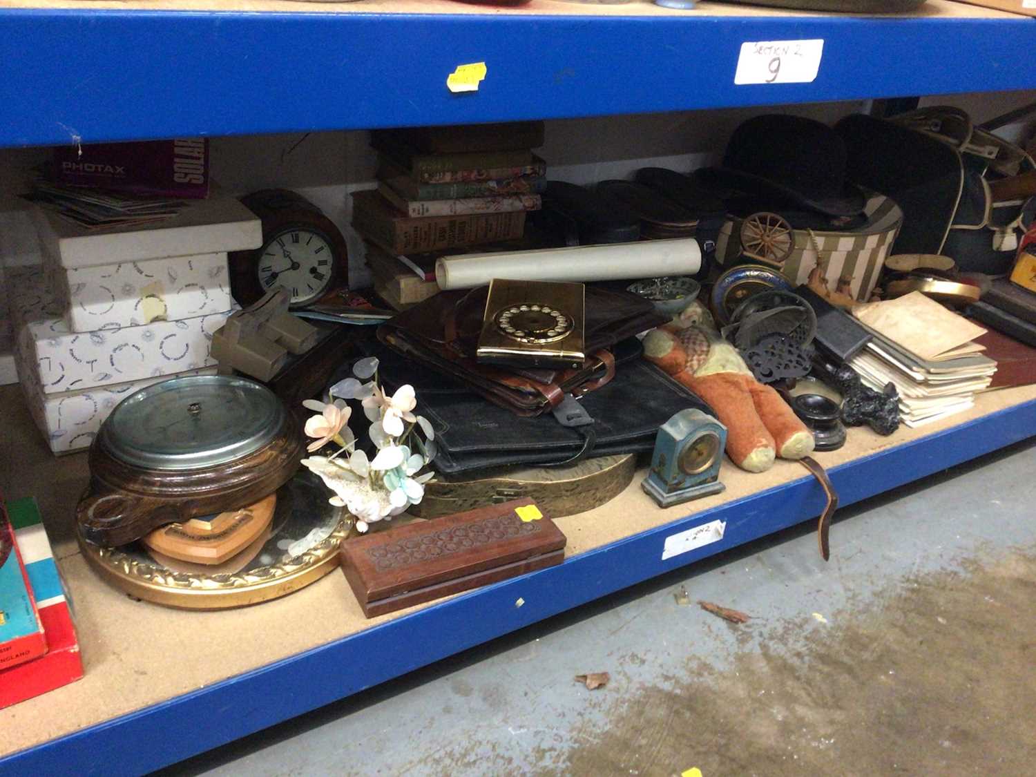 Sundry items, including clocks, vintage hats, binoculars, books, etc