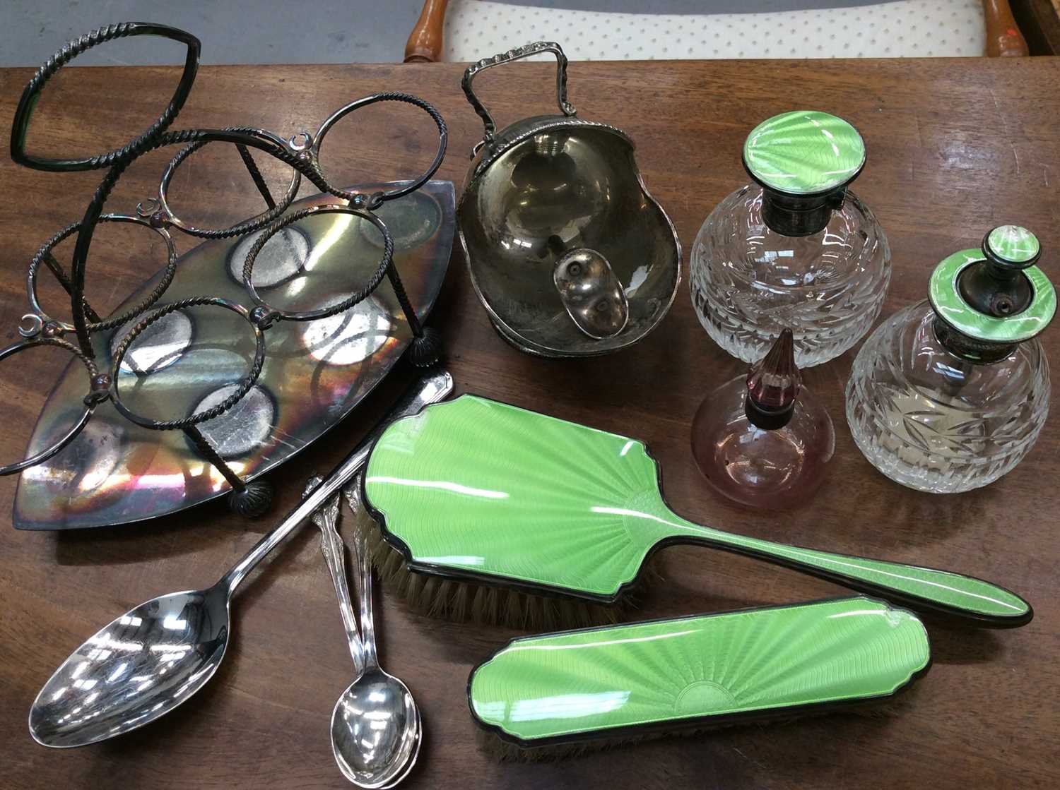 Silver and lime green guilloche enamel dressing table wares, pink glass scent bottle with silver col