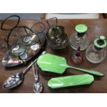 Silver and lime green guilloche enamel dressing table wares, pink glass scent bottle with silver col