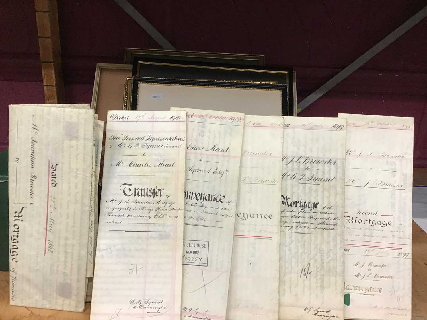 Six old mortgage deeds and conveyances plus other pictures and ephemera