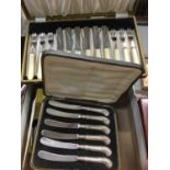 Cased set of silver handled knives, cased Mappin and Webb silver-plated and mother of pearl knives a