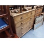 Victorian pine chest of two short and three long graduated drawers with bun handles and feet