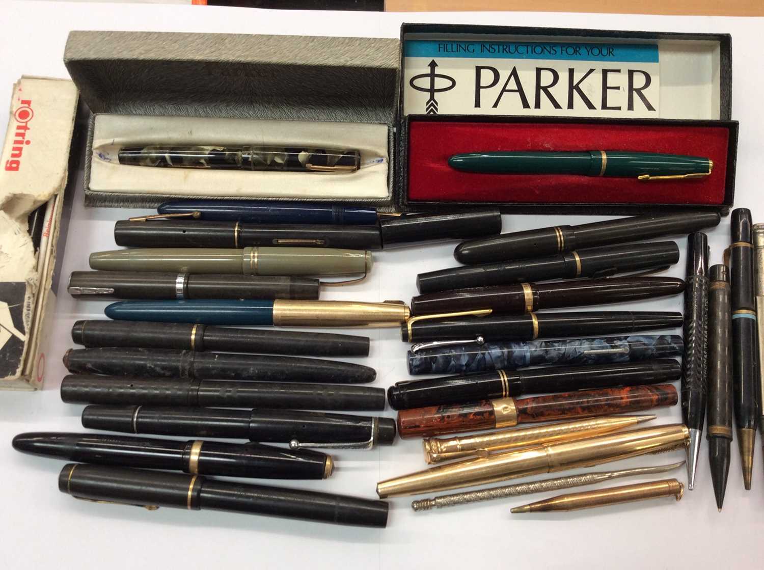 Collection of various fountain pens, biros and pencils including Parker, Swan, Jewel, Conway Stewart