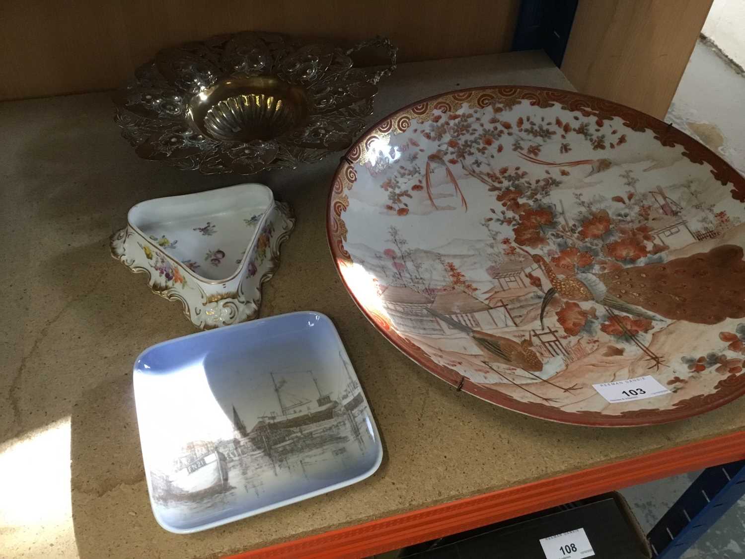 Early 20th century Japanese porcelain charger, Danish dish, Dresden pin dish and brass dish