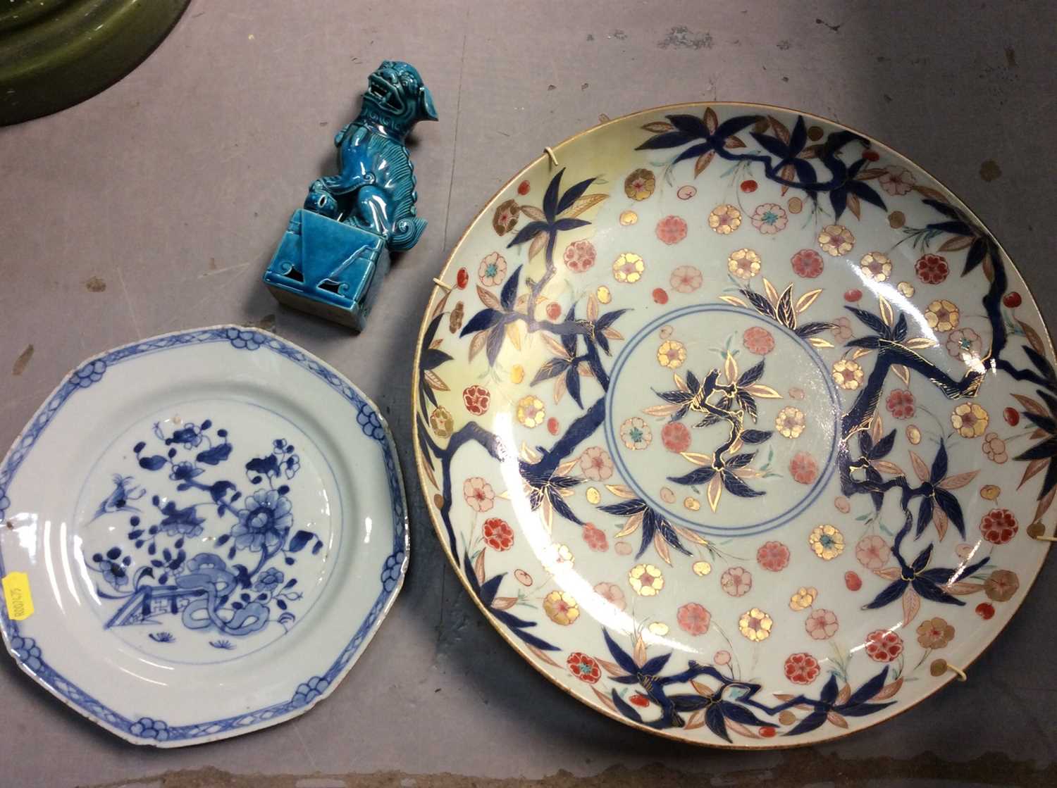 18th century Chinese Imari charger, Chinese blue and white plate and Chinese dog of foo