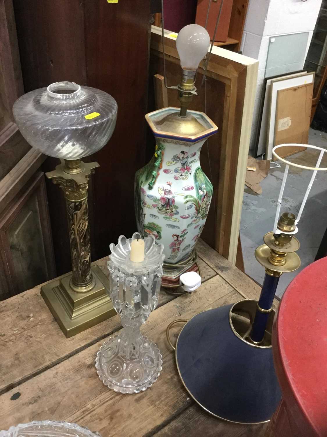 Chinese porcelain table lamp, together with an oil lamp, other lamps and a torchere - Image 2 of 2