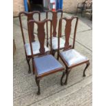 Set of four reproduction George II style mahogany dining chairs with blue velvet drop in seats (4 ch