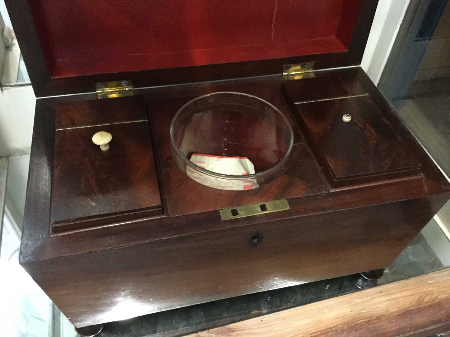 Early Victorian mahogany tea caddy of sarcophagus form with twin tea canisters and mixing well - Image 2 of 2