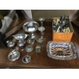 Large group of silver plated wares to include spill vases, dishes and cutlery