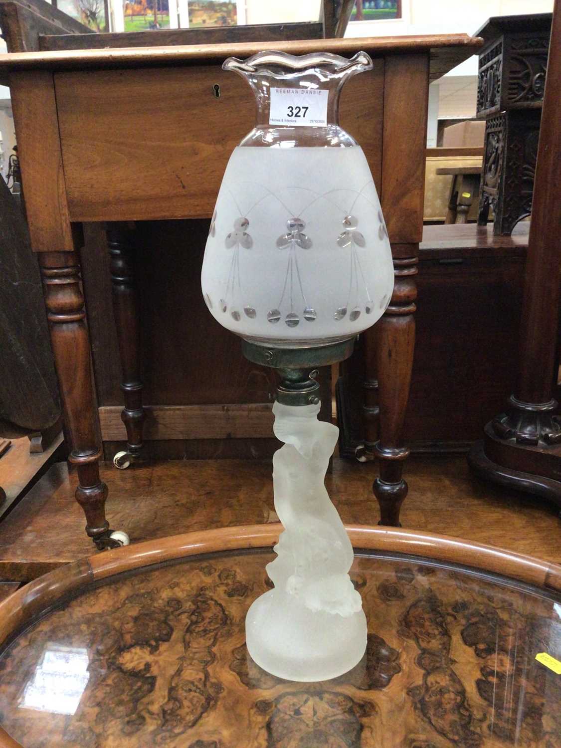 Art Deco frosted glass lamp in the form of a mermaid holding a shell, with engraved frosted glass sh