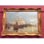 P Kilner signed oil on canvas of a clipper and other boats in a bay
