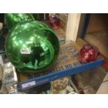 Victorian Green Witches Ball together with another smaller glass burble (2)