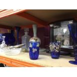 Selection of Colbolt blue glass ware and other glass with display cabinet and two enclosed china fig