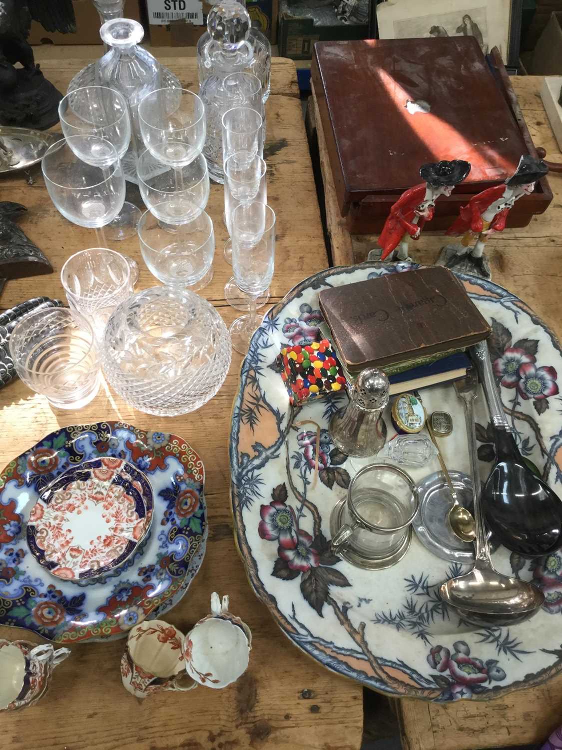 Group of cut glass decanters together with ceramics, silver plated ware and sundries