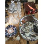 Group of cut glass decanters together with ceramics, silver plated ware and sundries