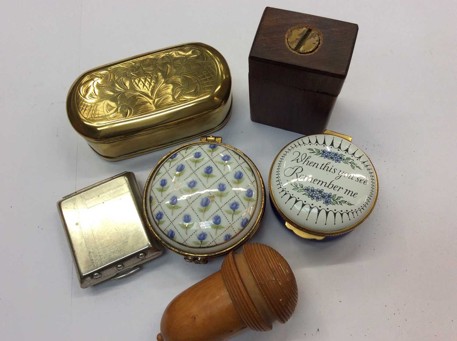 Group various trinket pots, pair lorgnettes, vintage fold up spectacles, enamelled fob watch, pair c - Image 3 of 6