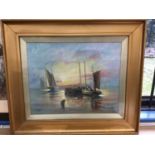 J. Westcott 1905 oil on canvas - fishing boats at sunset, signed, in gilt frame, other shipping prin
