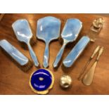 Five piece silver and blue guilloche enamel dressing table set, other silver mounted items and a sil