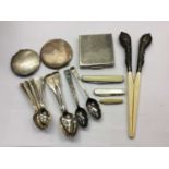 Two Art Deco silver compacts, silver teaspoons, other silver and plate