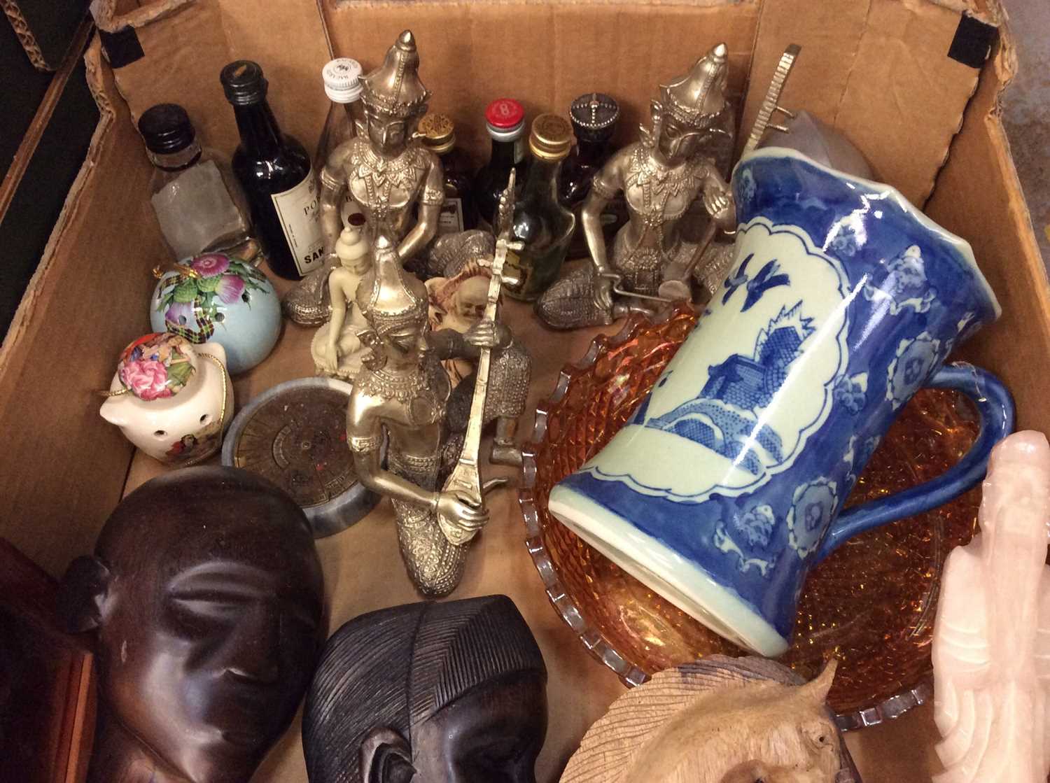 Two boxes African carved figures, other ornaments, glass decanters, pictures and sundries - Image 2 of 5