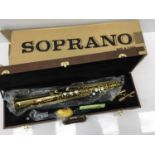 Earlham series II brass soprano saxophone, serial number 0195200, fitted case with various accessori