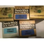 Three Dennis Wick cornet mouthpieces and two Denis Wick trumpet mouthpieces, all boxed and new