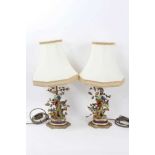 Pair Sevres style porcelain bird lamps with shades