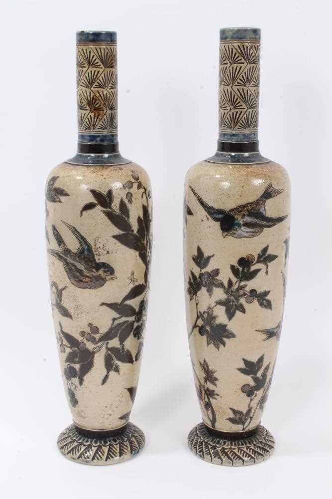 Pair Martin Brothers vases with bird decoration