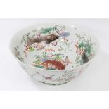 Large 20th century Chinese porcelain bowl, the inside painted with fish swimming amongst weeds and f