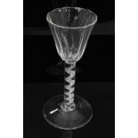 Georgian air twist wine glass, c.1750, the pointed round funnel bowl with slightly wrythen vertical