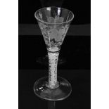 Georgian double series opaque twist wine glass, c.1765, the trumpet bowl etched with flowers and a m