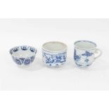 An 18th century Chinese blue and white tea bowl, a beaker and a bowl