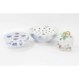 Two Delft style bowls, and a Continental porcelain fruit shaped box and cover
