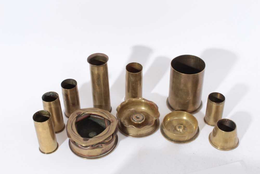 Group of various brass Trench Art Vases, some with engraved decoration (1 box)